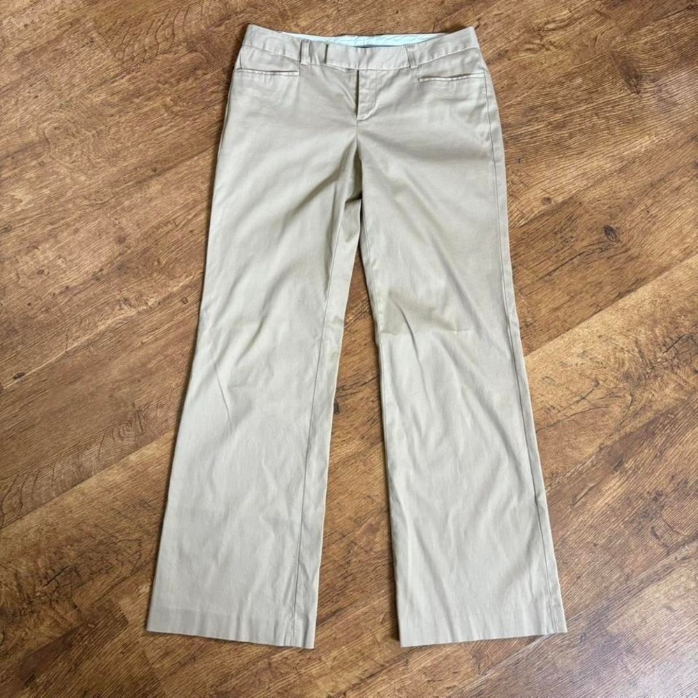 tan Gap regular stretch flare pants, flaws shown in photos, small stains